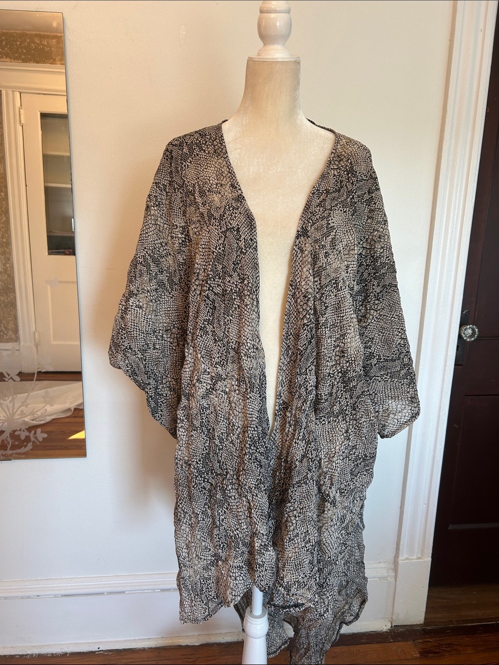 POL Snake-Print Draped Kimono in Black & Beige